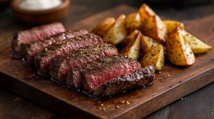 Wall Mural - Sliced Grilled Steak with Seasoned Potato Wedges on Wooden Board