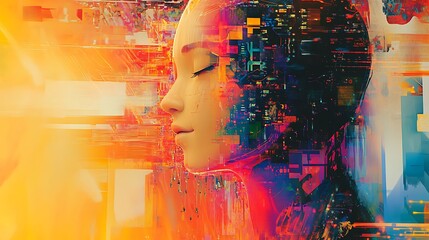 an abstract background of a humanoid head equipped with a neural network brain,  the concept of advanced AI and human-computer integration.