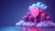 © Tackey - Futuristic digital security concept with neon lights, cloud computing, and data protection symbols. 3D rendering.