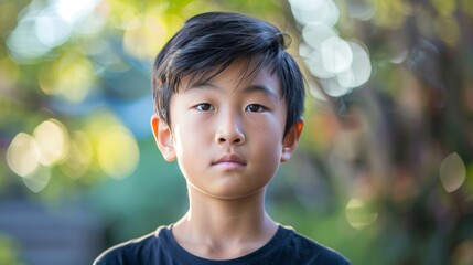 Wall Mural - photo portrait of a handsome young Asian model teen boy looking forward. child ad with copy space, cute, kids, children