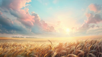 Wall Mural - a field of tall golden wheat with a bright sun in the sky