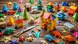 © Adisorn - Vibrant origami creations, including fish, birds, and houses, lay scattered on a wooden background, surrounded by crafting essentials like glue and scissors, showcasing artistic skill.