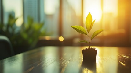 Wall Mural - A small plant is sitting in a pot on a table