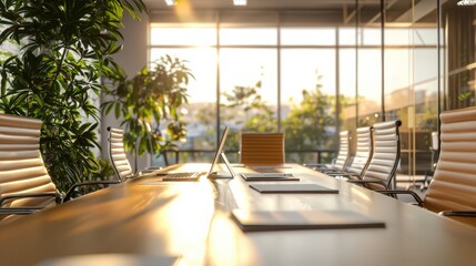 Wall Mural - A large conference table with a laptop and several papers on it