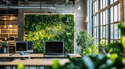 Wall Mural - A modern office with a green wall and plants