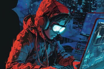 A hooded figure in a red jacket works on a computer in a cyberpunk-themed environment.