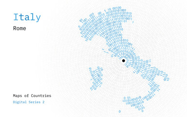 Wall Mural - A map of Italy depicted in zeros and ones in the form of a circle. The capital, Rome, is shown in the center of the circle