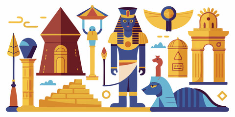 Wall Mural - Egypt stone statue set, vector ancient rock ruin, pharaoh clay figurine, Egyptian gods silhouette, Osiris. Old civilization archaeology monument, temple object on white. Egypt tomb statue collection 