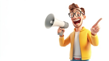 3D cartoon man wearing glasses and a yellow jacket holds a megaphone and points to the side with a smile.