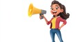 © Iswanto - A 3D cartoon girl with brown hair, wearing a red jacket and blue jeans, is holding a yellow megaphone and smiling.