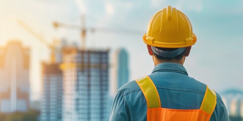 Wall Mural - Three construction workers wearing hard hats standing in front of a building under construction.