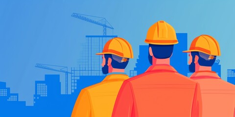 Wall Mural - Three construction workers wearing hard hats standing in front of a building under construction.