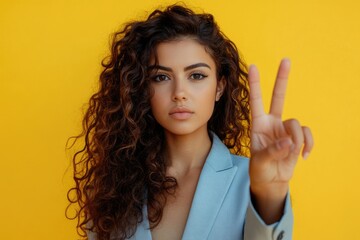 Tax Defense. Serious Hispanic Business Woman Holding Pay Taxes Reminder, Doing Stop Sign with Confidence on Yellow Background