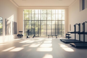 Stylish home gym with modern equipment, motivational posters, bright and airy