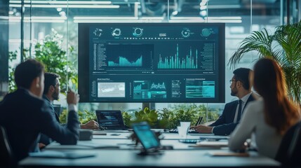 Poster - A group of people are sitting around a large monitor displaying graphs