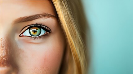 Wall Mural - Close-up of a woman's green eye with blonde hair and blue background.