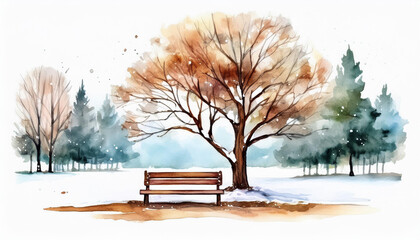 Wall Mural - Watercolor painting of winter park with trees. Snowy scenery. Wooden bench. Hand drawn art.