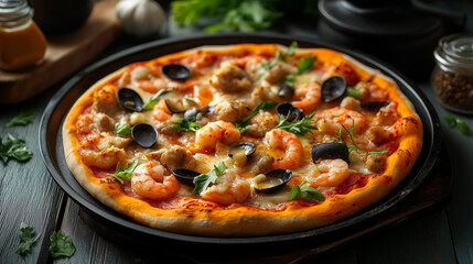 Sea food pizza pie in hot pan