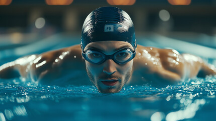 Sports man male swimmer with goggles and cap breathing racing in indoor stadium