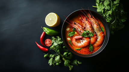 Wall Mural - Traditional Thai food cuisine Herb ingredient of Tom Yum spicy soup on black background