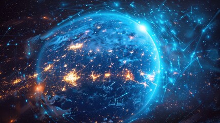 Wall Mural - Earth at Night with Interconnected Network of Blue Lines