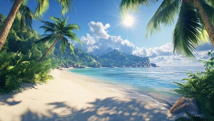 Tranquil Tropical Beach With Palm Trees And Crystal Clear Water Under Bright Sunshine