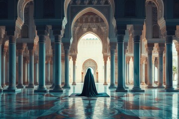 A lone figure in prayer in a grand mosque interior