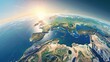 © lisa - Physical map of Planet Earth, centered on the Mediterranean Sea. Satellite view of Southern Europe and North Africa with the sun shining on the horizon. 3D illustration.