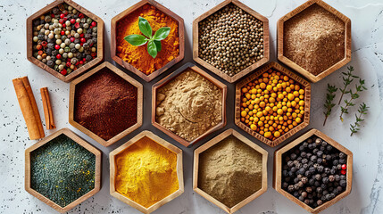 Artistic display of assorted spices in hexagonal containers arranged neatly on a marble surface.