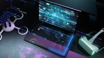 Wall Mural - high technology desk with many devices. modern animation of laptop with different type of graphics