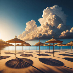 Canvas Print - Serene beach scene with rows of umbrellas under a dramatic sky with fluffy clouds