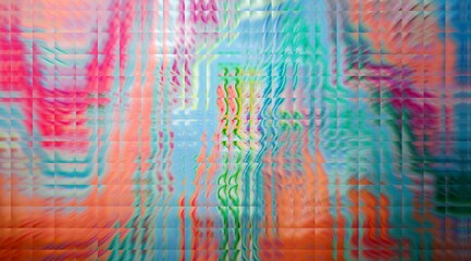 Wall Mural - A colorful abstract painting with a blue and orange background. The painting is full of different colors and shapes, creating a sense of movement and energy