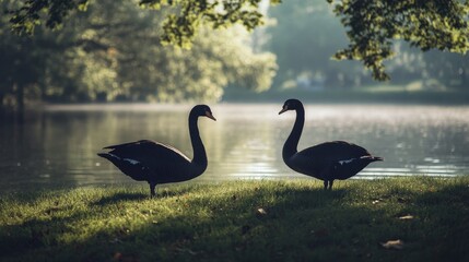 Canvas Print - Black Swans Facing Each Other in a Serene Lake Setting - Two black swans facing each other on the edge of a lake, surrounded by green trees and lush foliage, symbolizing love, partnership, and grace.