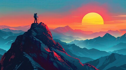 An illustration of a person climbing a mountain with a sunrise in the background