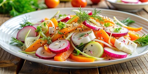 Fresh fennel, carrots, and radishes combine in a vibrant, healthy salad topped with sesame seeds, served on a clean white plate, with ample copy space above.