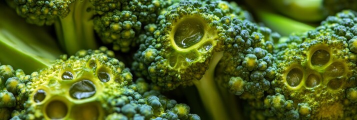 Wall Mural - Close-Up Macro Photography of Fresh Broccoli Florets - A detailed macro shot of broccoli florets, showcasing their intricate texture and vibrant green color. The image conveys freshness, health, and t