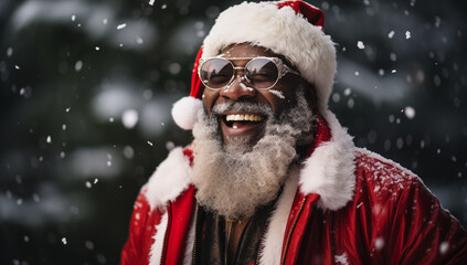 Wall Mural - Black Santa Claus joyfully laughs as snow falls, wearing glasses and festive attire in a snowy setting