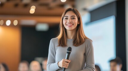 Wall Mural - Cheerful businesswoman at a presentation, modern conference room