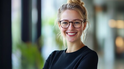 Joyful businesswoman in glasses, corporate office backdrop, vibrant atmosphere