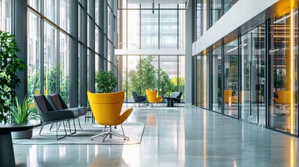 Wall Mural - A large, open lobby with a yellow chair and a potted plant