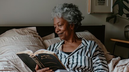 Poster - Senior black woman reading and laying in her bed, happy bold and bright expression, positive emotions, elevated morning routine, soft warm photo 90s style, AI generated image