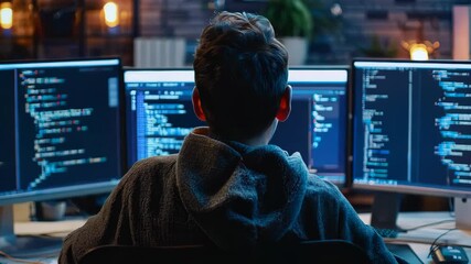 Software developer coding on multiple screens in modern office