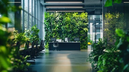 Wall Mural - A large office space with a green wall and plants