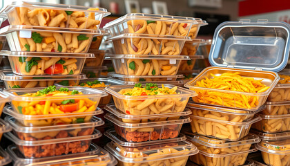 A view of stacks of entrees prepared inside to-go plastic containers, ready for take out orders, in a restaurant setting isolated with white highlights, png