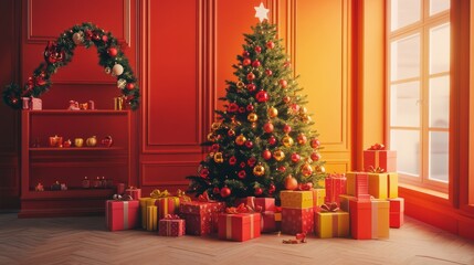 Poster - Vibrant holiday scene with a decorated Christmas tree and wrapped presents against a cheerful backdrop