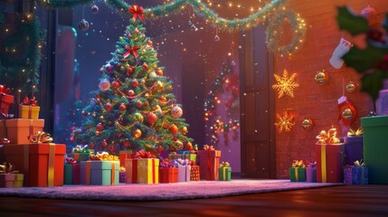 Poster - Vibrant holiday scene with a decorated Christmas tree and wrapped presents against a cheerful backdrop