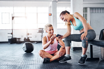 Exercise, smartphone and women in gym, fitness and website for nutrition tips, relax and social media. People, athlete or friends in wellness center, cellphone and digital app for workout routine