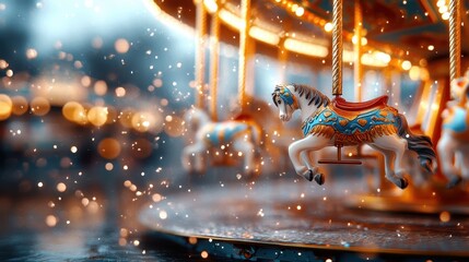 A beautifully adorned carousel horse lit up against a backdrop of twinkling lights, capturing the whimsical and nostalgic essence of nighttime amusement parks.