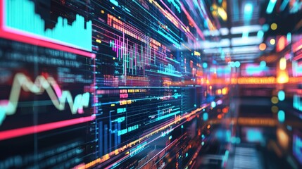 A computer screen shows a colorful display of numbers and graphs