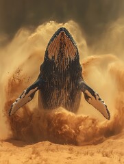 A low-angle view of a massive whale breaching the sandy desert ground, framed by a splash of sand and a dusty, cinematic atmosphere